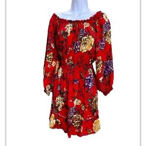 Women's Eyeshadow Red Floral Print boho Dress Size Small Ruffle Accents
